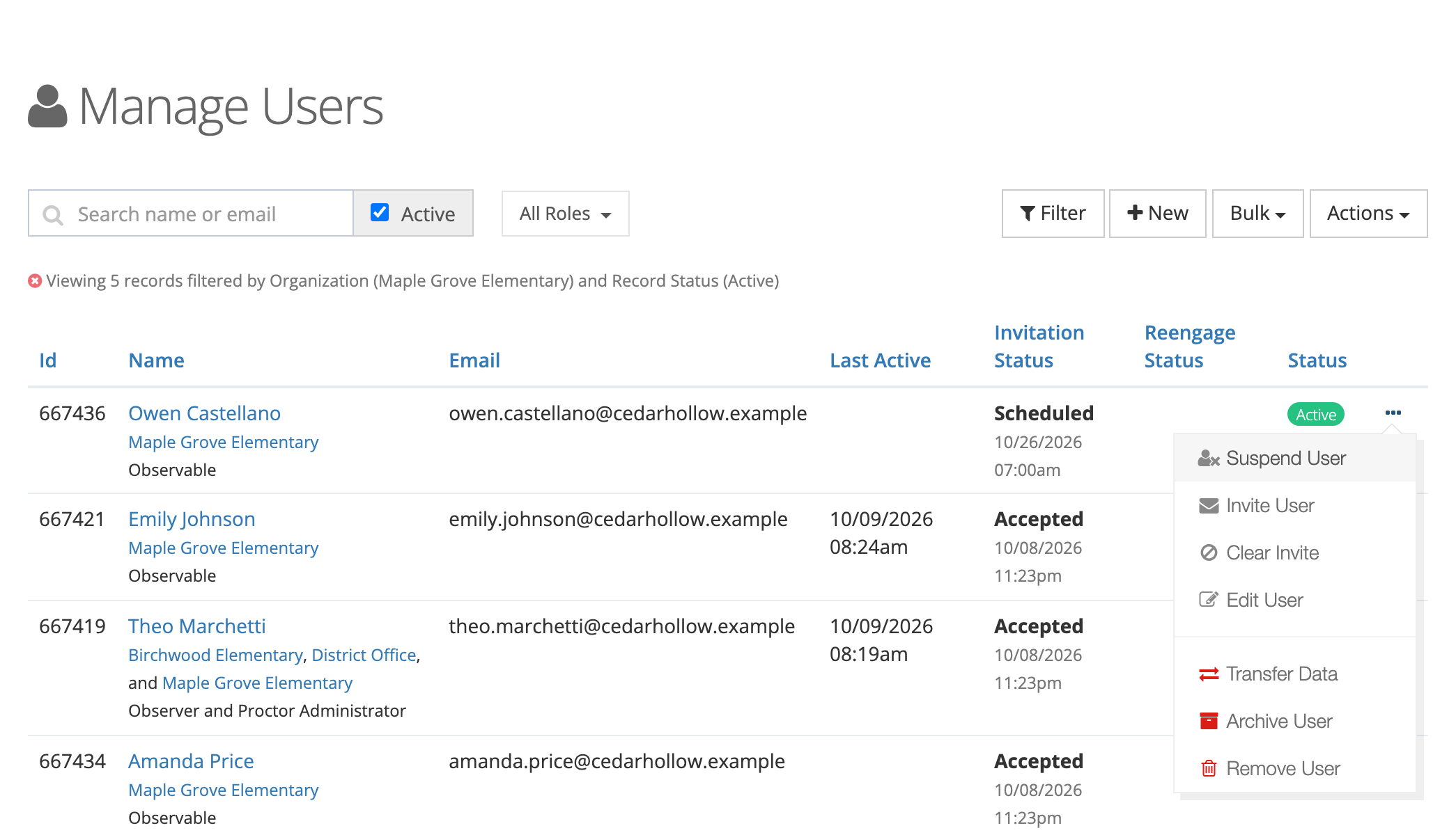 The Manage Users list filtered to Maple Grove Elementary, with the Active checkbox, All Roles menu, Filter, New, Bulk, and Actions buttons, and columns for Id, Name, Email, Last Active, Invitation Status, Reengage Status, and Status. The row menu for Owen Castellano is open, showing Suspend User, Invite User, Clear Invite, Edit User, Transfer Data, Archive User, and Remove User.