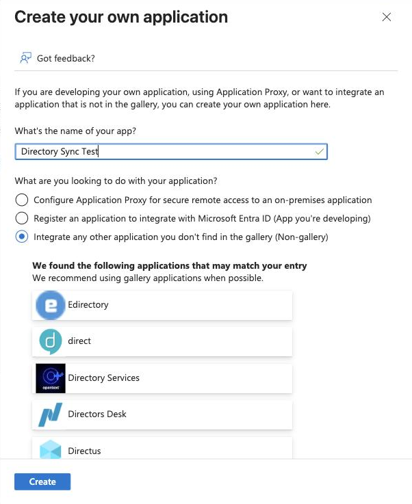 The Create your own application panel in Entra, with the app name filled in and the Non-gallery option selected