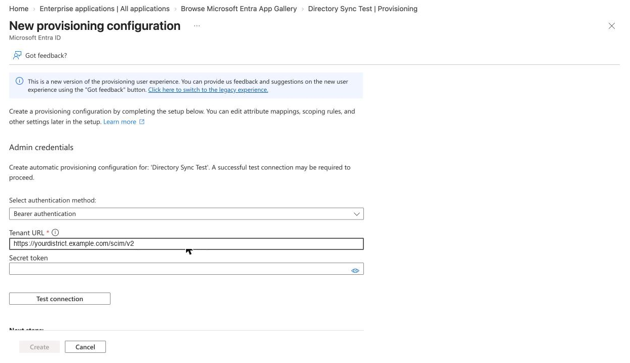 Entra's Admin credentials form with Bearer authentication, the Tenant URL, and the Secret token fields