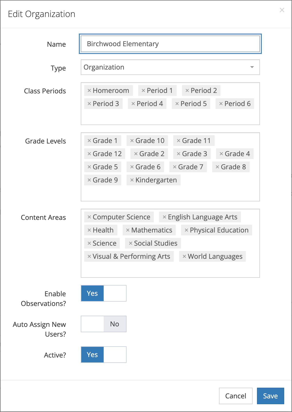The Edit Organization window for Birchwood Elementary, with seven class periods, thirteen grade levels, and nine content areas selected, Enable Observations? and Active? set to Yes, and Auto Assign New Users? set to No