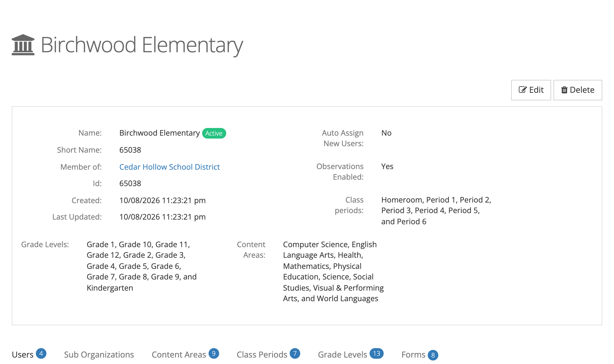 The Birchwood Elementary page with Edit and Delete buttons, its details and attached class periods, grade levels, and content areas, and the Users, Sub Organizations, Content Areas, Class Periods, Grade Levels, and Forms tabs
