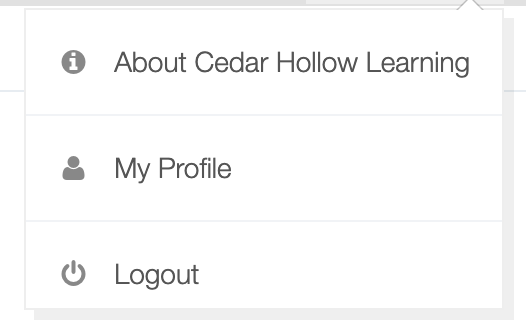 The account menu open, showing About followed by the platform name, My Profile, and Logout