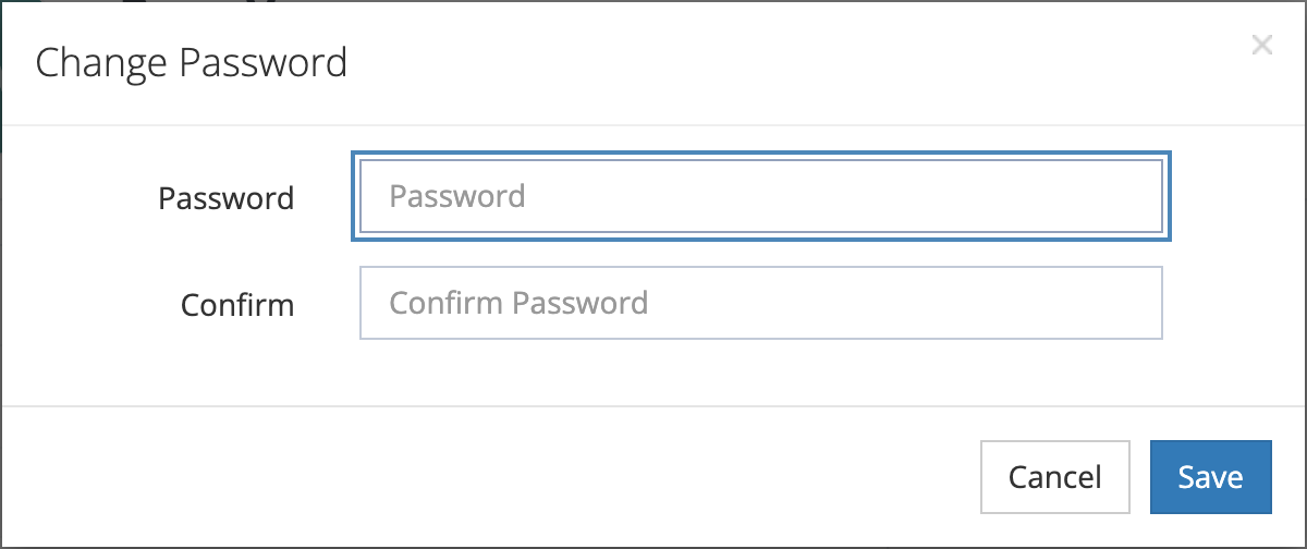 The Change Password window with Password and Confirm fields and Cancel and Save buttons