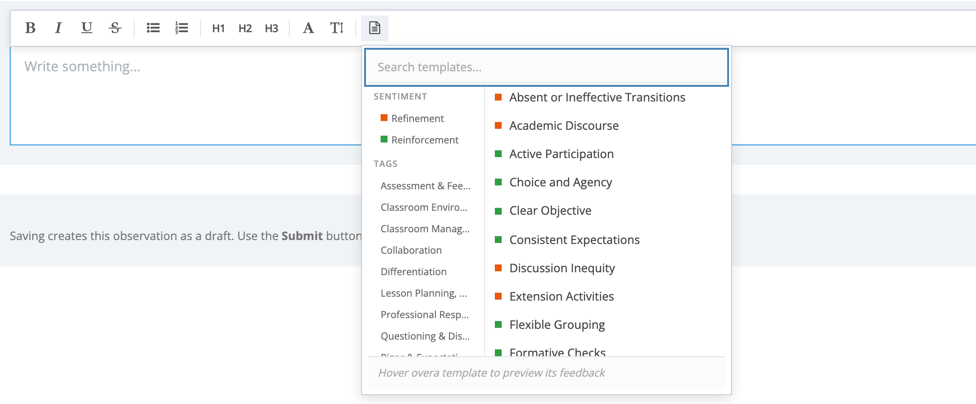 The Insert Template panel open below the feedback toolbar, with a Search templates box, Sentiment and Tags filters on the left, and templates such as Academic Discourse and Clear Objective listed on the right.