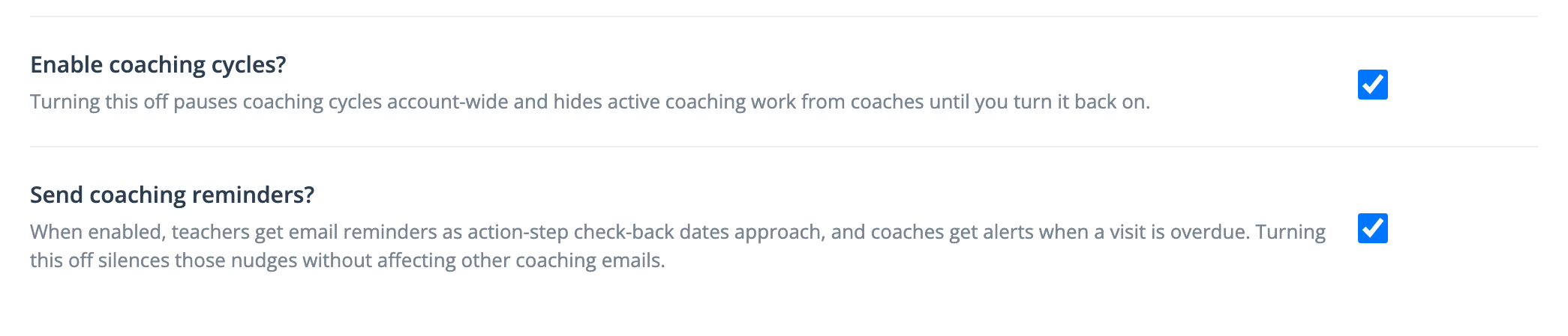 The Enable coaching cycles? and Send coaching reminders? switches on the Observe Settings page