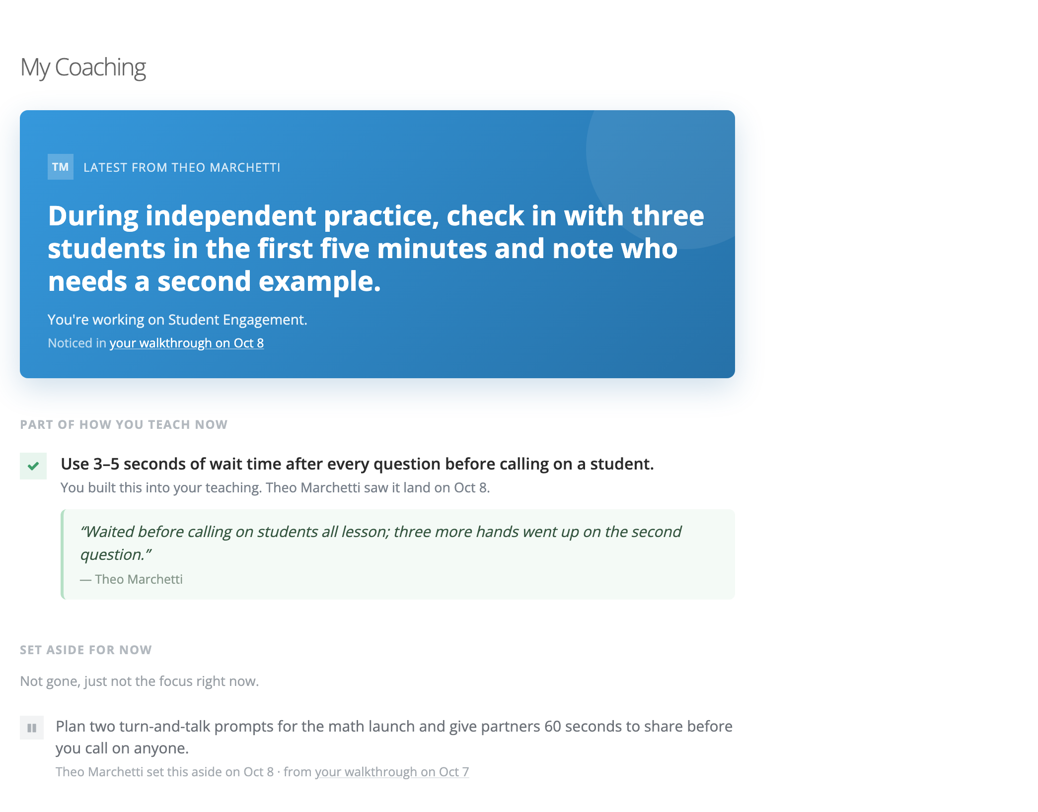 The My Coaching page with the coach's latest step, a completed step, and a set-aside step