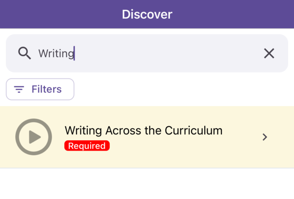 A yellow Discover row for Writing Across the Curriculum with a red Required label under the course name