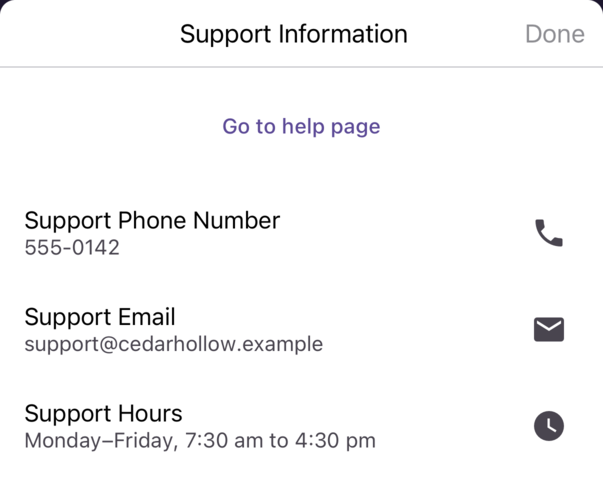 The Support Information screen with a Go to help page link, Support Phone Number 555-0142, Support Email support@cedarhollow.example, and Support Hours Monday–Friday, 7 am to 4 pm