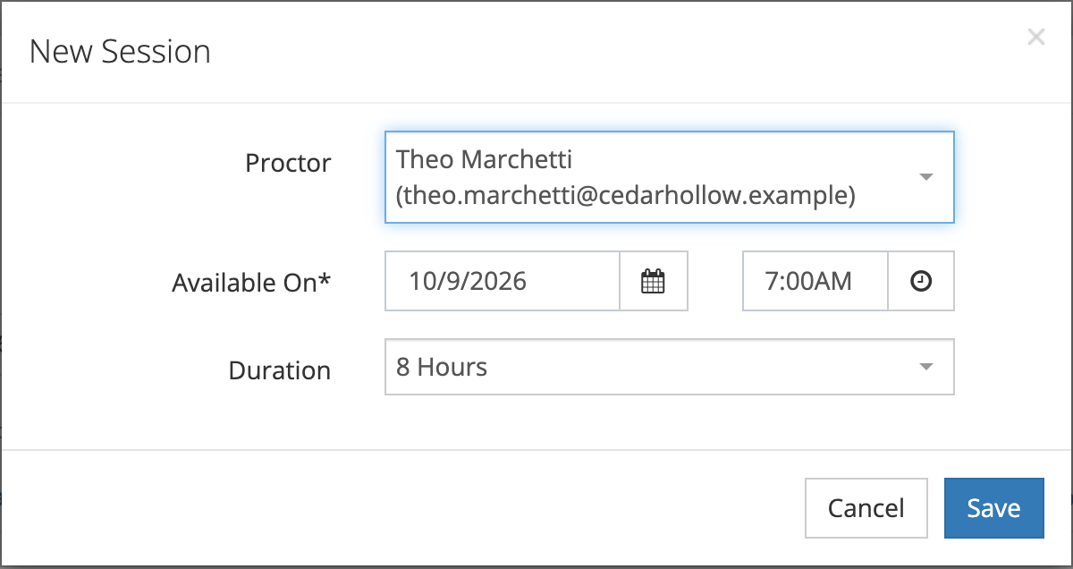 The New Session box with Proctor set to Theo Marchetti, Available On 10/9/2026 at 7, Duration 8 Hours, and the Cancel and Save buttons