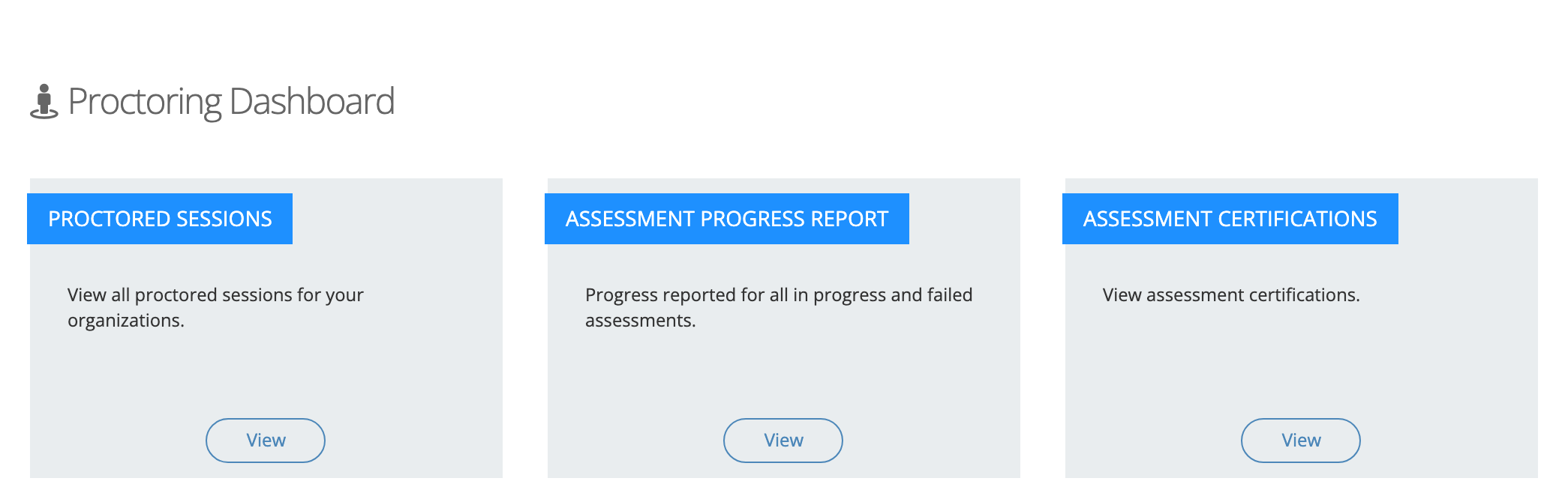 The Proctoring Dashboard for a system administrator with three tiles: Proctored Sessions, Assessment Progress Report, and Assessment Certifications