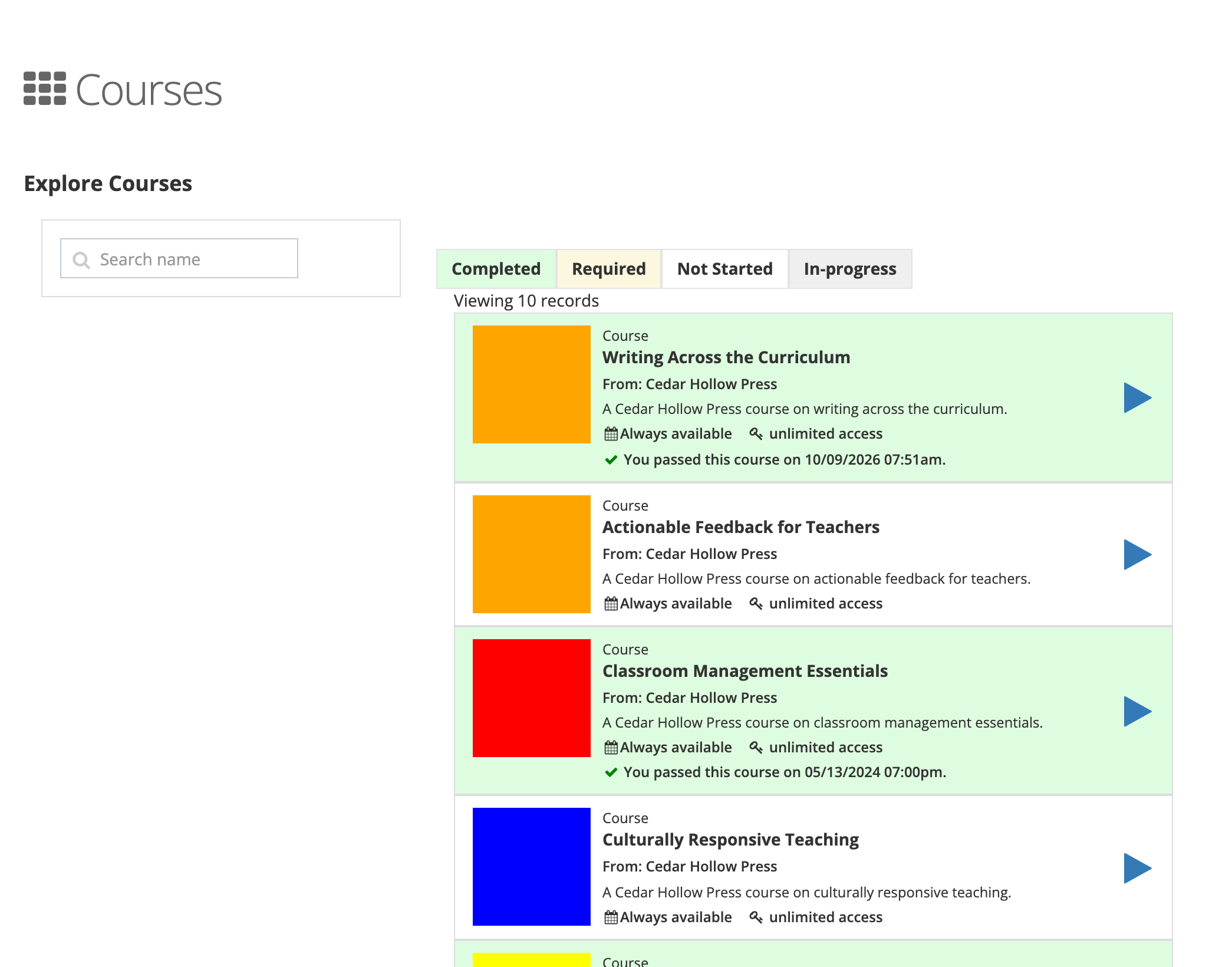 The Courses page with the Search name box, the status buttons, and course cards from Cedar Hollow Press, two of them green with a "You passed this course" line