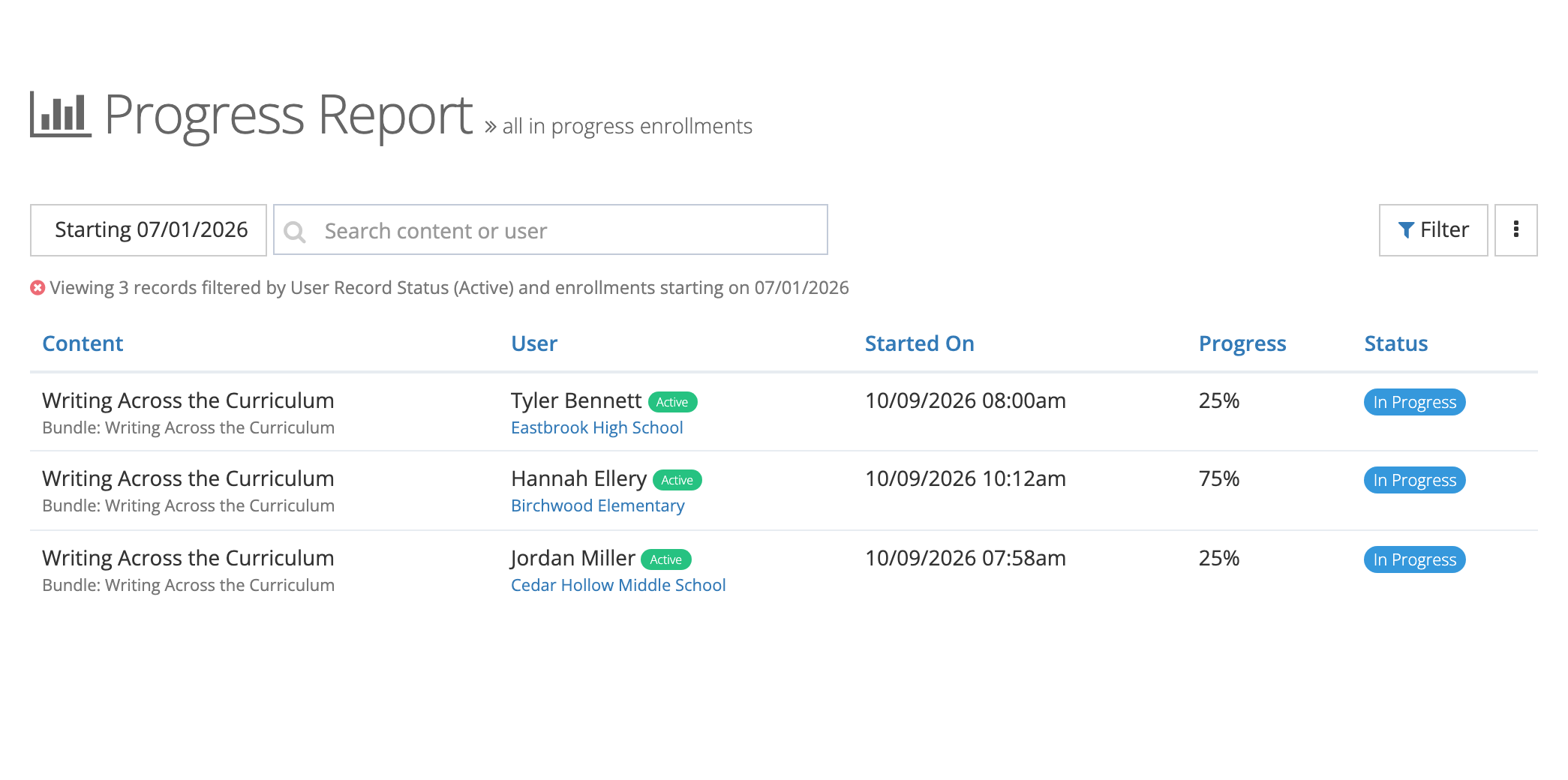 Progress Report showing three teachers in Writing Across the Curriculum, two at 25% and one at 75%, each with an In Progress status, below the date button, search box, Filter button, and menu button
