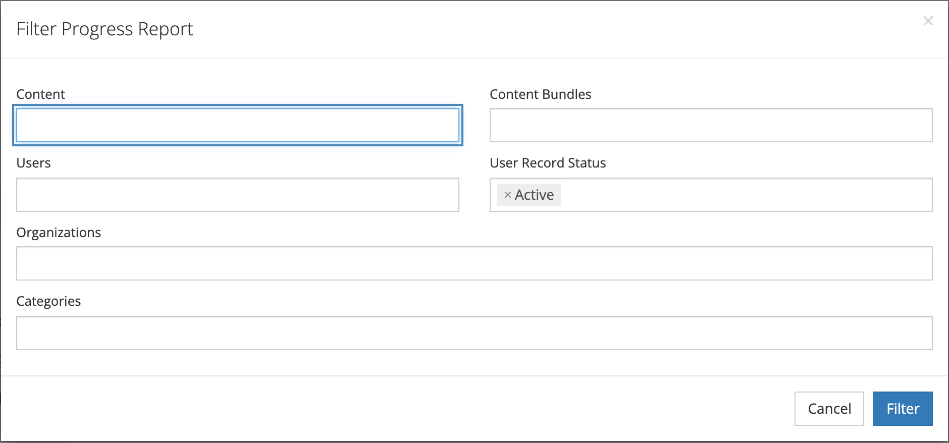 Filter Progress Report window with Content, Content Bundles, Users, User Record Status set to Active, Organizations, and Categories