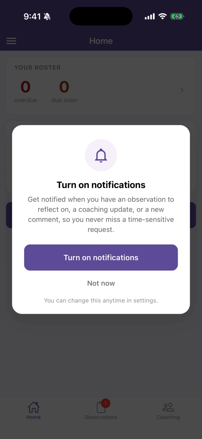 The Turn on notifications prompt over the Home screen, with a bell icon, the explanation, a Turn on notifications button, Not now, and the note You can change this anytime in settings.