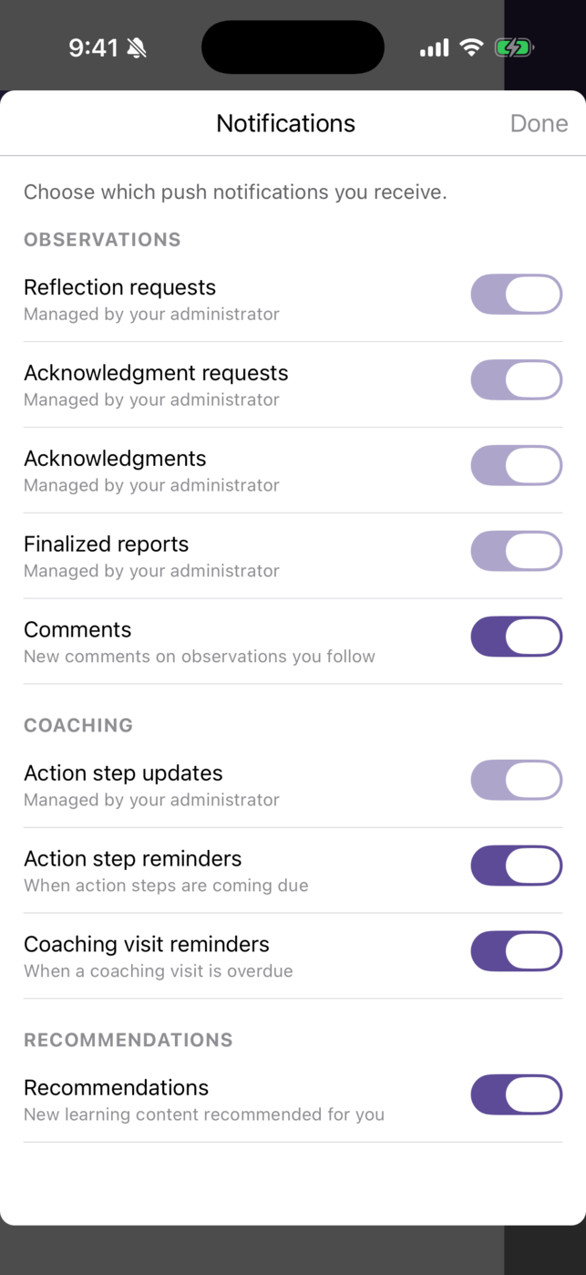 The Notifications screen with switches grouped under Observations, Coaching, and Recommendations. Several switches are greyed out with the note Managed by your administrator.