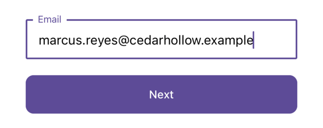The email step of the sign-in screen: an Email field holding a Cedar Hollow address and the Next button below it.