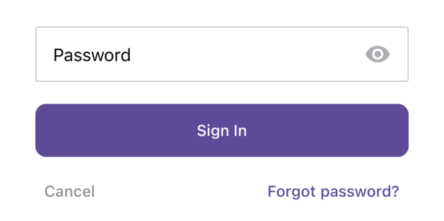 The password step: a Password field with an eye icon, the Sign In button, and Cancel and Forgot password? links below it.