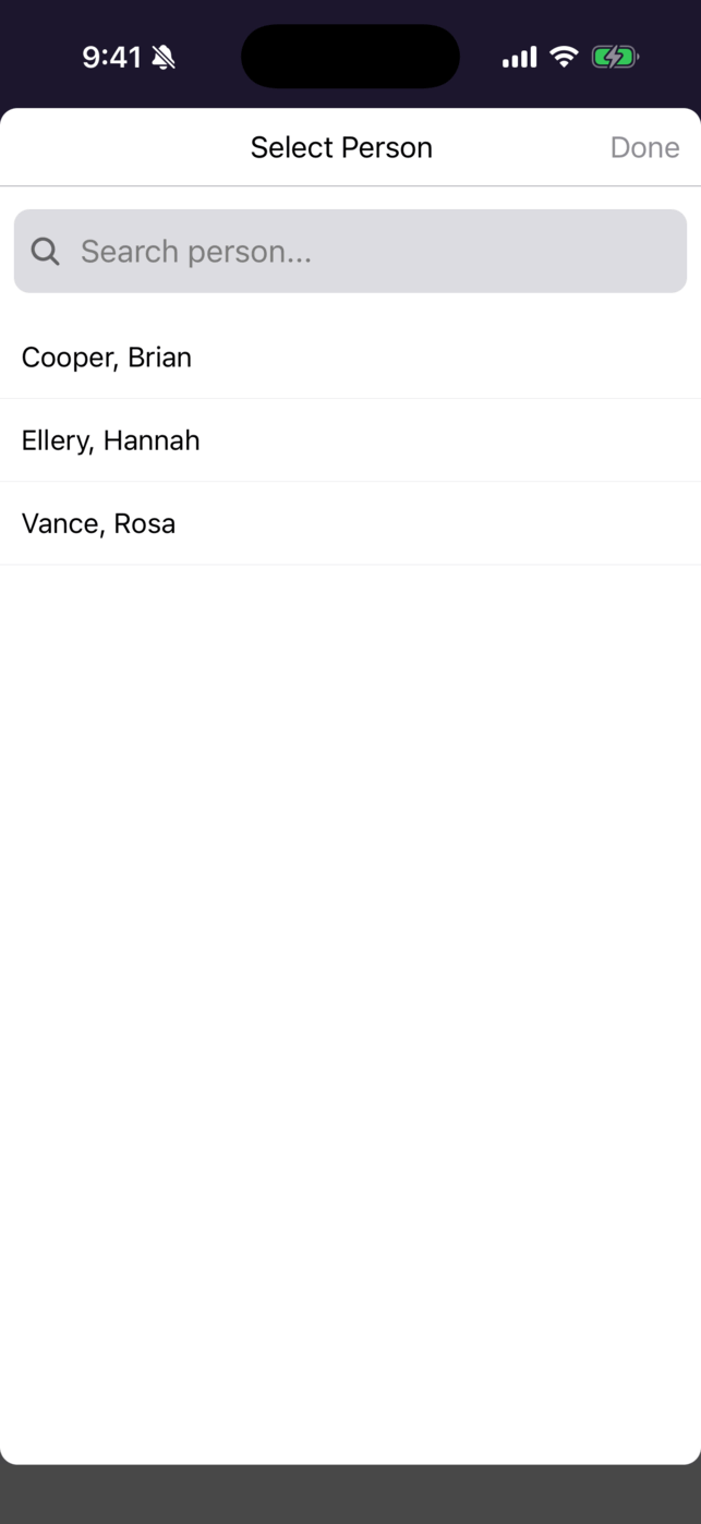 The Select Person list with a search box and three teachers listed last name first.
