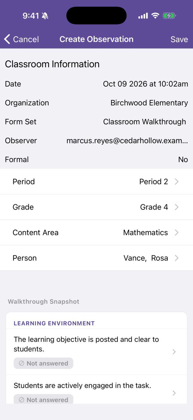 The Create Observation screen with Period 2, Grade 4, Mathematics, and Rosa Vance chosen. Save in the header is now active, and the form's first section appears below.