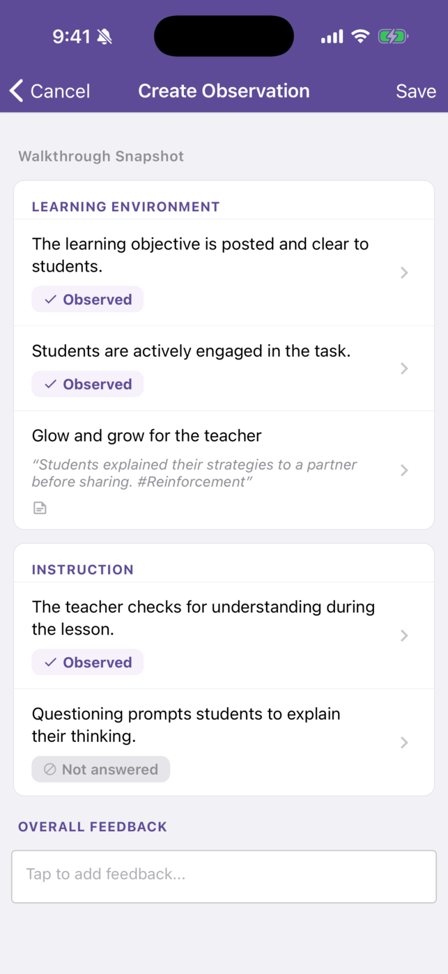 The form list partway through an observation. Three questions show the answer Observed, one shows its feedback in quotes, one still reads Not answered, and the Overall Feedback box at the bottom reads Tap to add feedback.