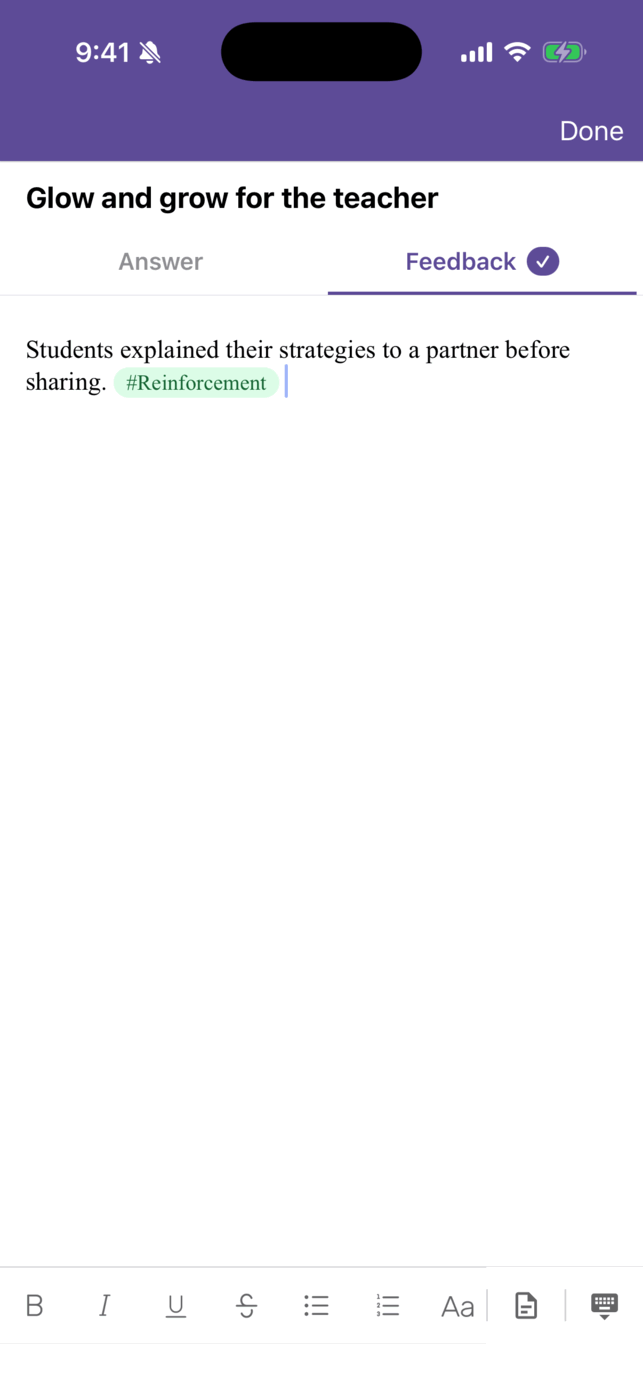 The Feedback tab of a question with a sentence of feedback ending in a green Reinforcement chip, and the formatting toolbar along the bottom.