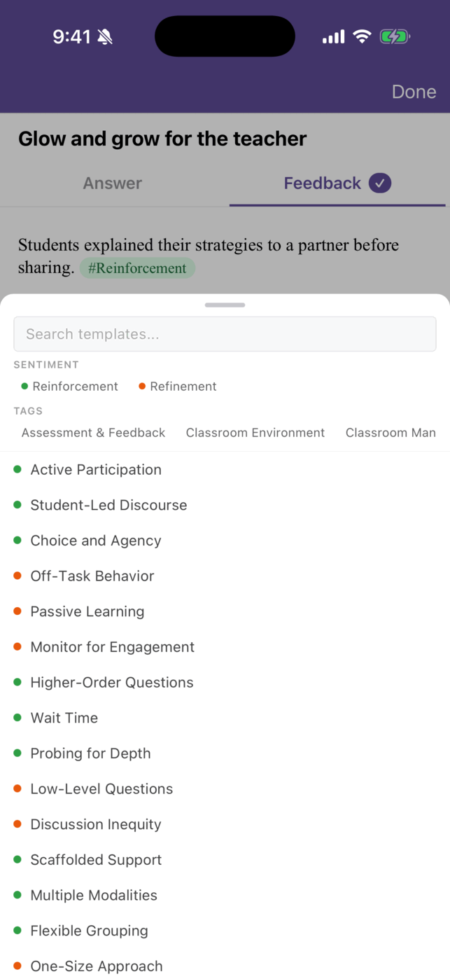 The template picker sheet open over the feedback editor, with a search box, Sentiment and Tags filters, and a list of templates marked with green or orange dots.