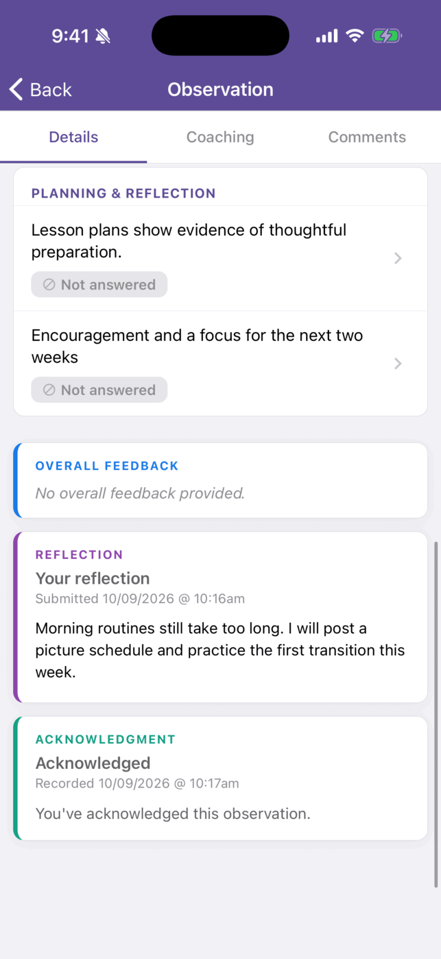 The bottom of the observation after the teacher responded. The Reflection block shows her reflection with its submission time, and the Acknowledgment block reads Acknowledged with its recorded time.