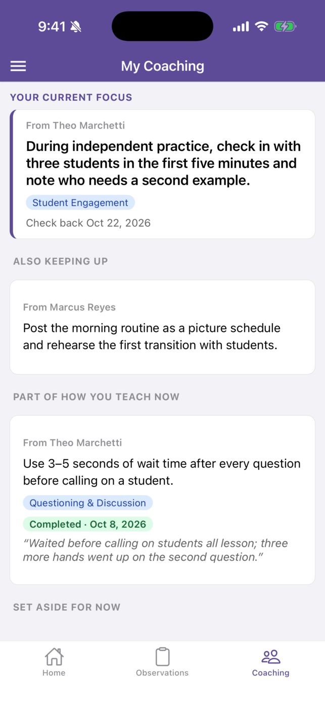 My Coaching for a teacher: a current focus from Theo Marchetti, a second step from Marcus Reyes under Also keeping up, and a completed wait-time step under Part of how you teach now.