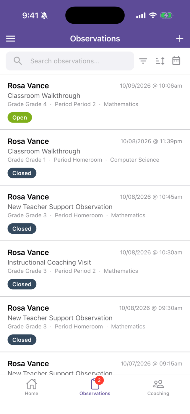 The Observations list with a search box, filter, sort, and calendar icons, and observation rows showing the teacher, date and time, form set, grade, period, content area, and a status pill.