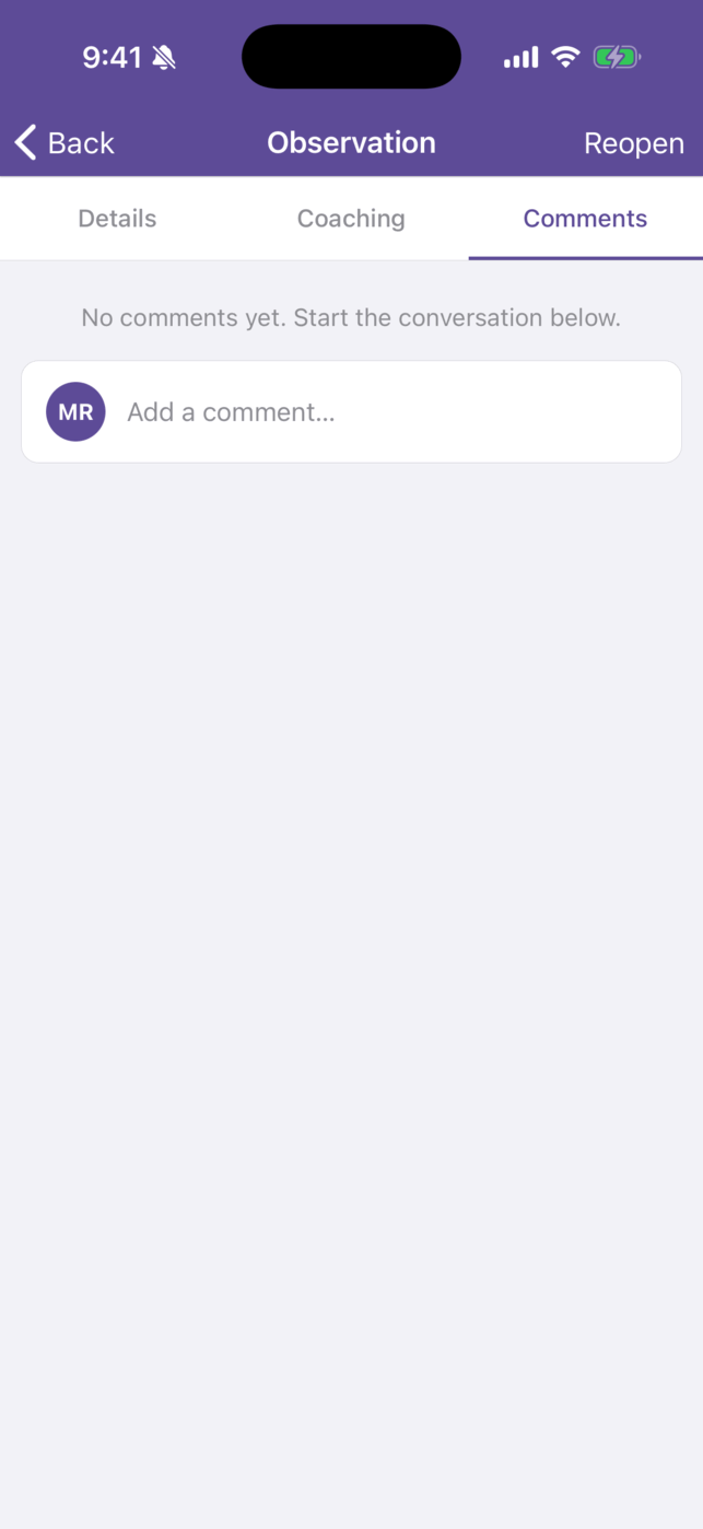 The Comments tab of an observation with the empty-state message No comments yet. Start the conversation below, and the Add a comment box.