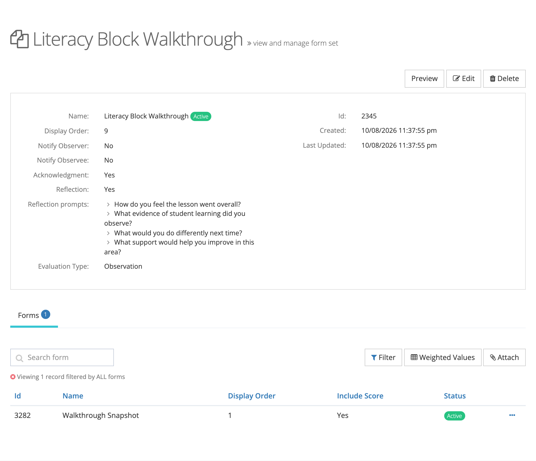 The Literacy Block Walkthrough detail page showing Acknowledgment Yes, Reflection Yes, its four reflection prompts, and one attached form