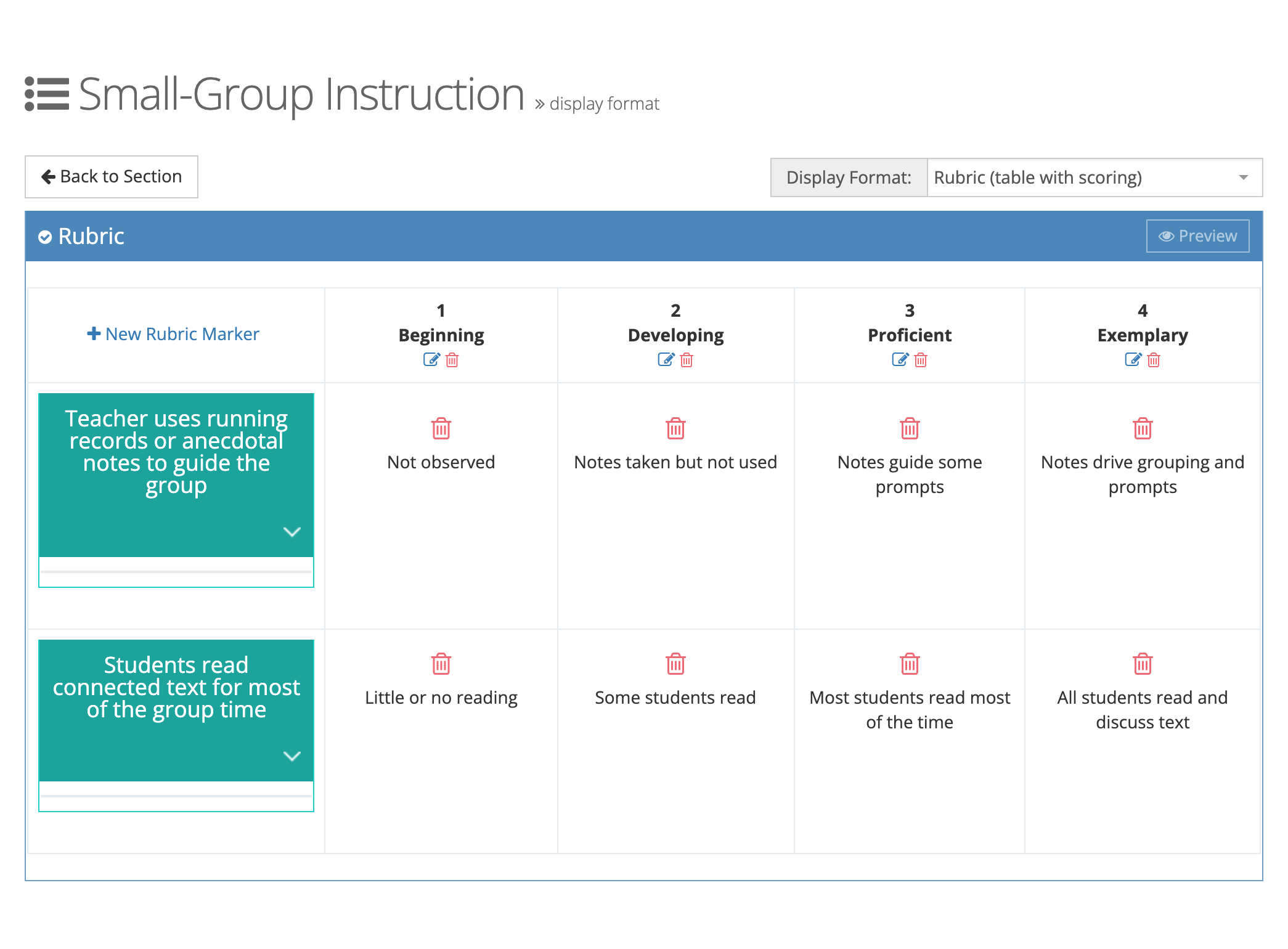 The finished Small-Group Instruction rubric with each answer choice placed under Beginning, Developing, Proficient, or Exemplary, and a Preview button in the title bar
