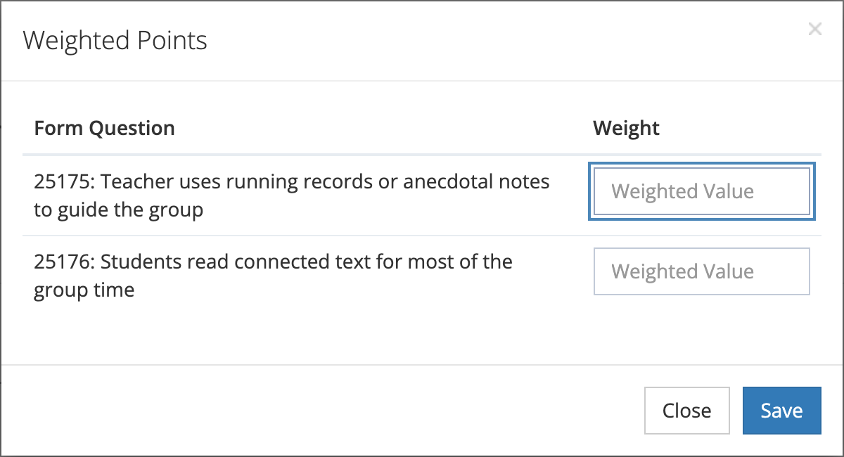 The Weighted Points window listing two form questions, each with an empty Weight box