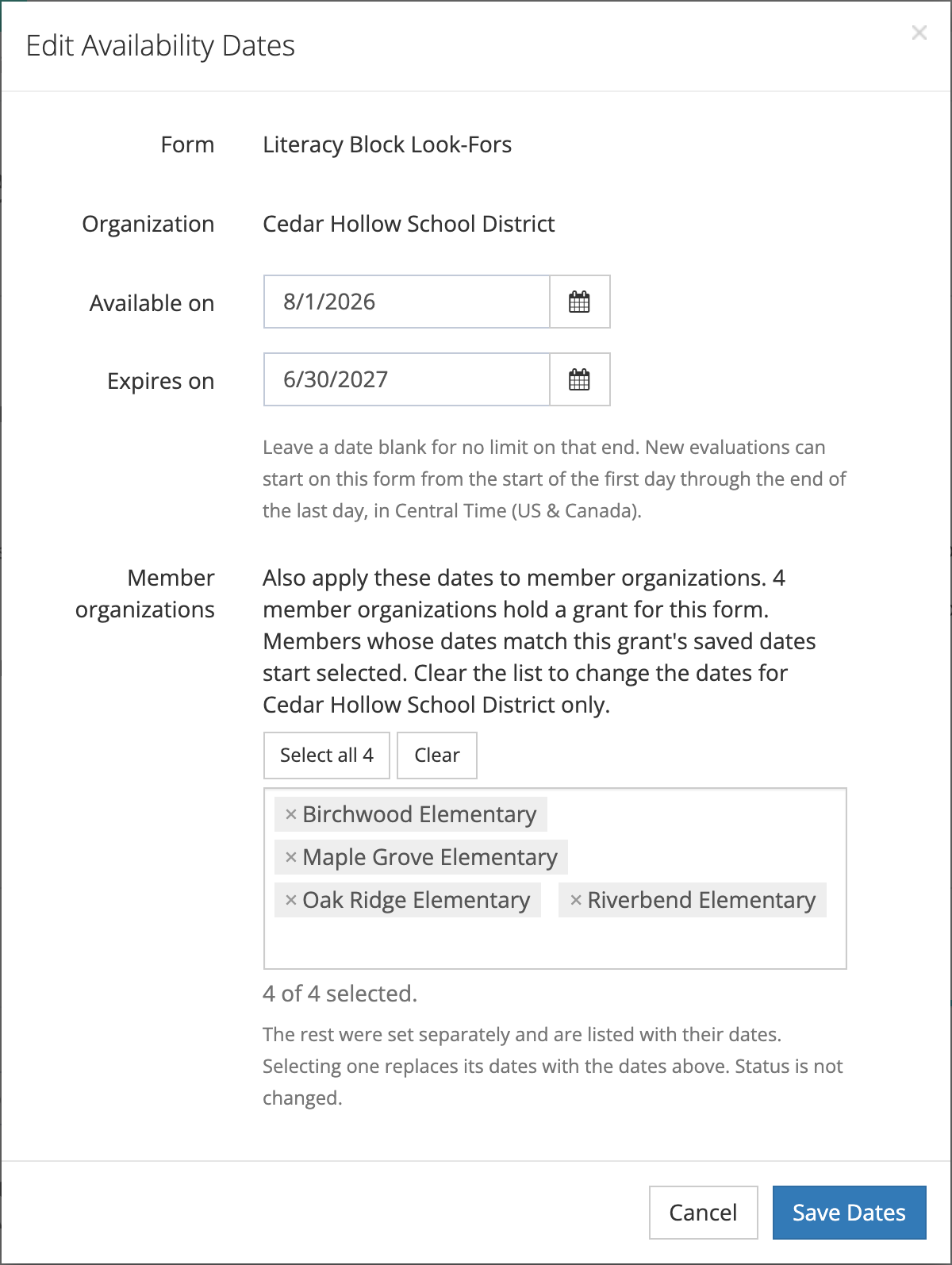 The Edit Availability Dates window for Literacy Block Look-Fors at Cedar Hollow School District, Available on 8/1/2026 and Expires on 6/30/2027, with the four member schools that share those dates selected, 4 of 4 selected