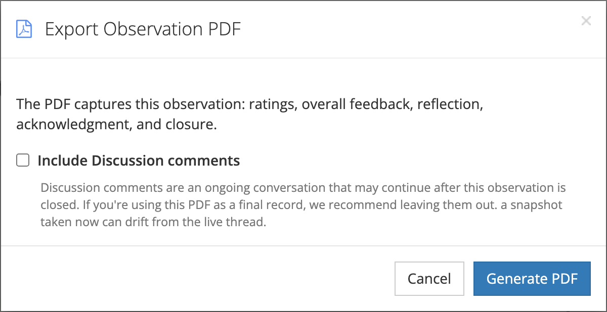 The Export Observation PDF window with the Include Discussion comments checkbox unchecked and a Generate PDF button.