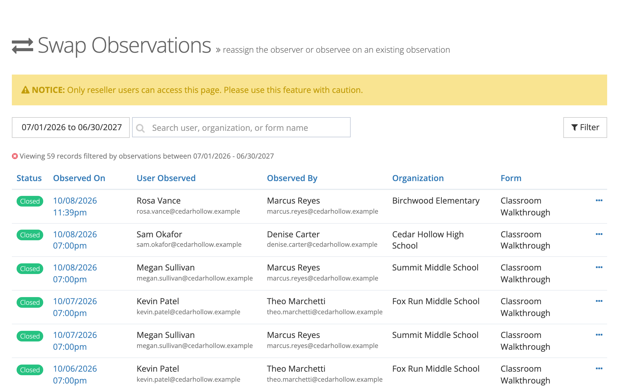 The Swap Observations page as support sees it: a notice that only reseller users can access the page, a date range and search box, and a list of closed Classroom Walkthrough observations with the teacher, observer, and school for each.