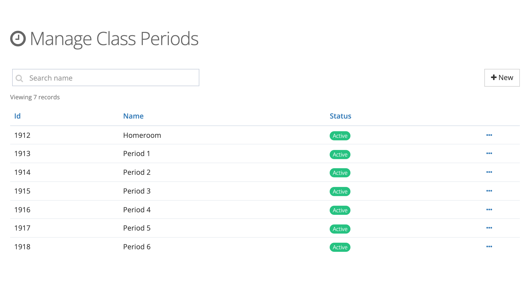 The Manage Class Periods page listing Homeroom and Period 1 through Period 6, each marked Active with a menu on the right of the row.