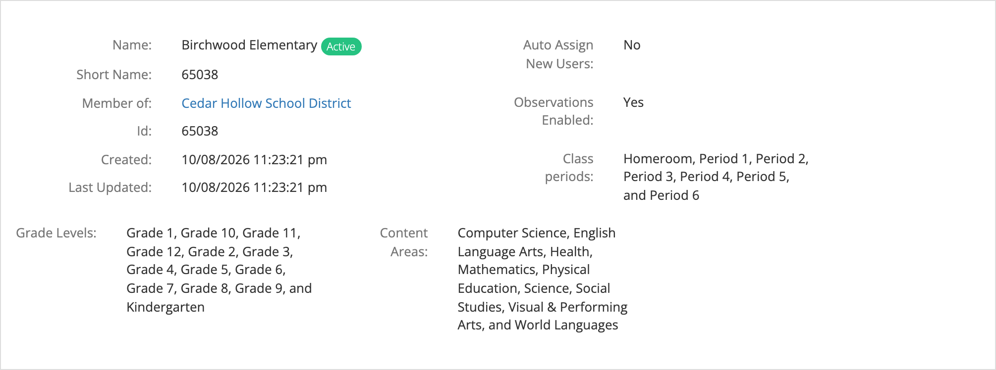 The Birchwood Elementary summary showing Observations Enabled: Yes, with its class periods, grade levels, and content areas listed and no requirements list.
