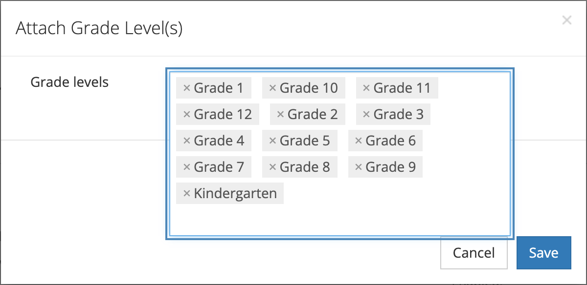 The Attach Grade Level(s) window with Kindergarten and Grades 1 through 12 selected in the Grade levels box, and Cancel and Save buttons.