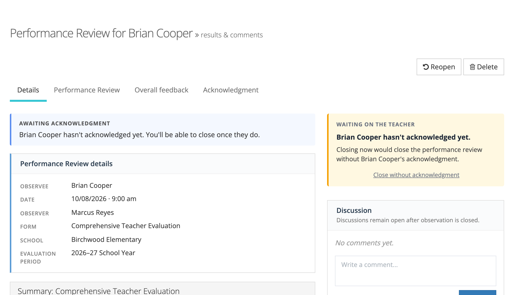 A submitted review for Brian Cooper with an Awaiting Acknowledgment status card, a Waiting on the Teacher panel with a Close without acknowledgment link, and Reopen and Delete buttons at the top.