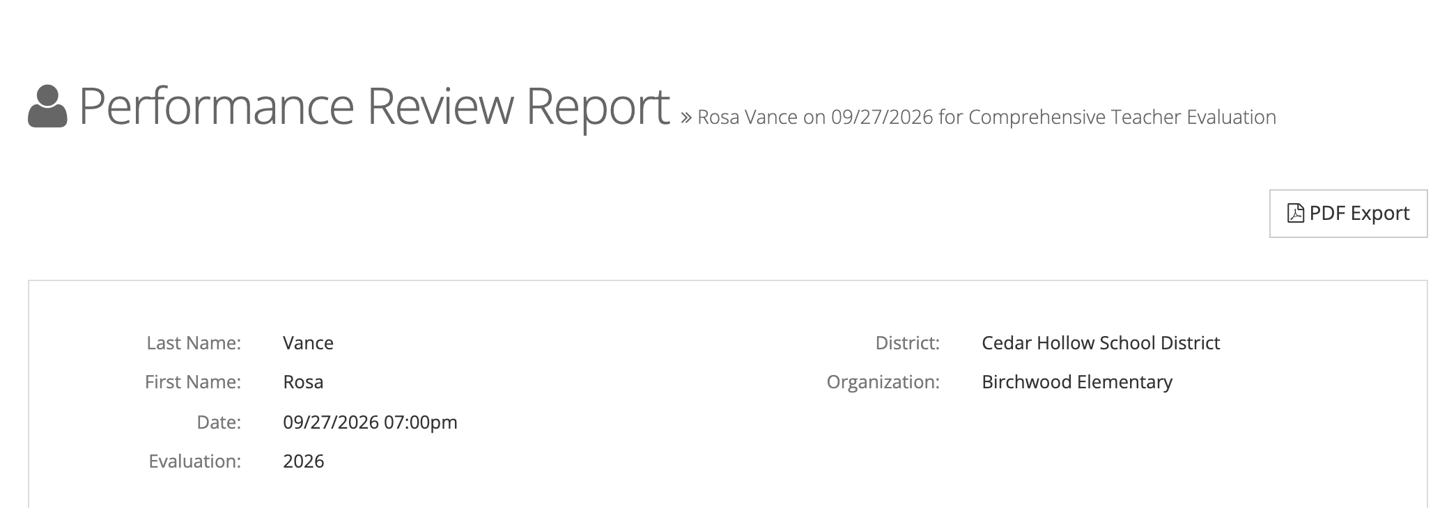 The top of a Performance Review Report for Rosa Vance: the PDF Export button and a details panel with her name, the date, 2026 as the evaluation period, Cedar Hollow School District, and Birchwood Elementary.