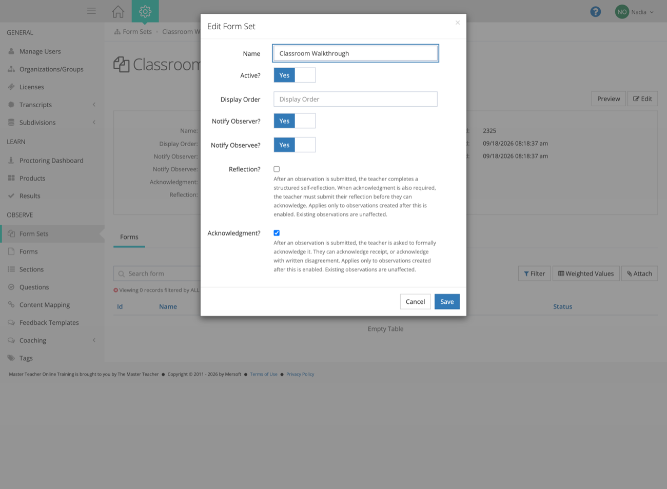 Form Set settings showing the corrected help text under the Reflection and Acknowledgment switches