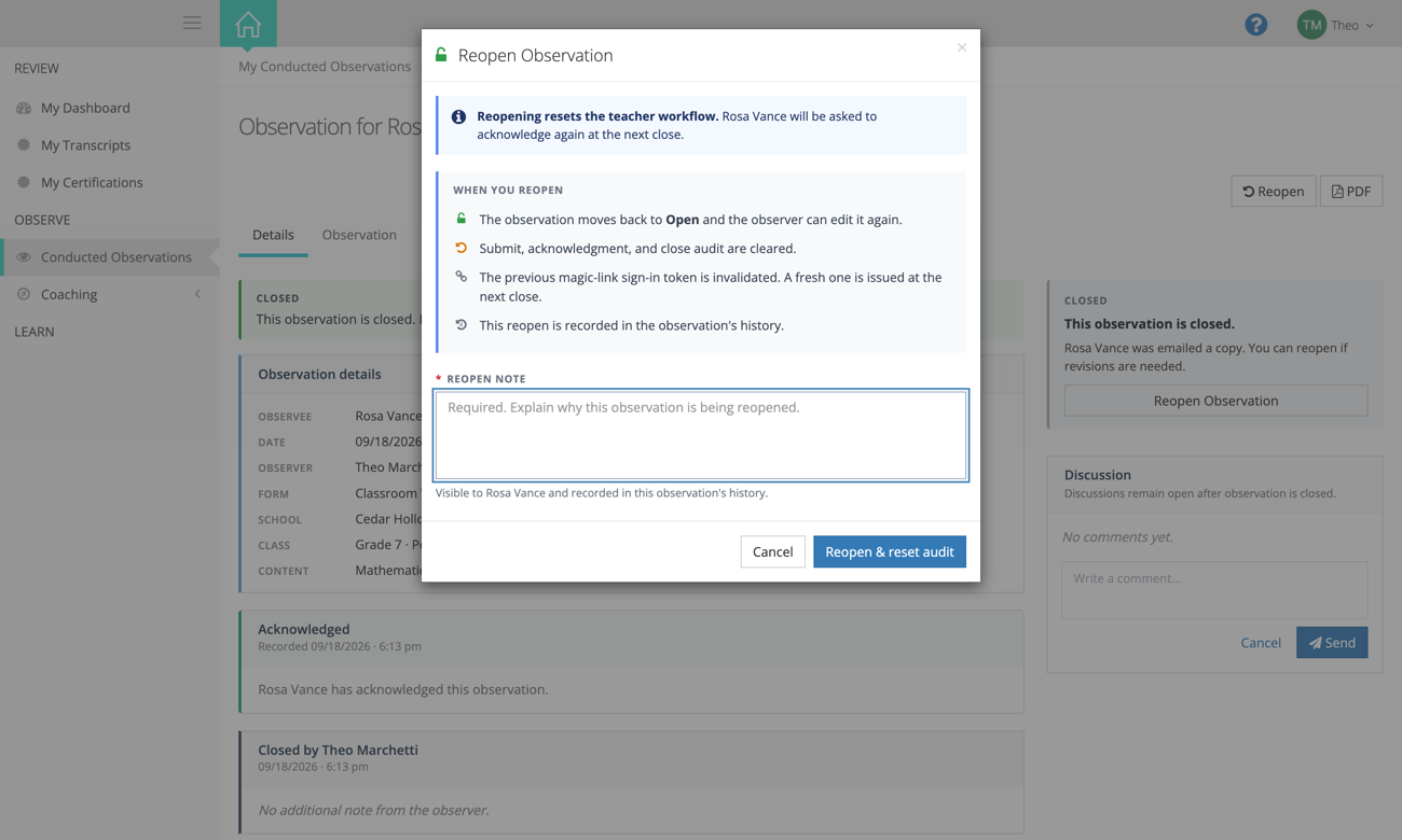 The Reopen Observation confirmation screen, which requires a written reopen note