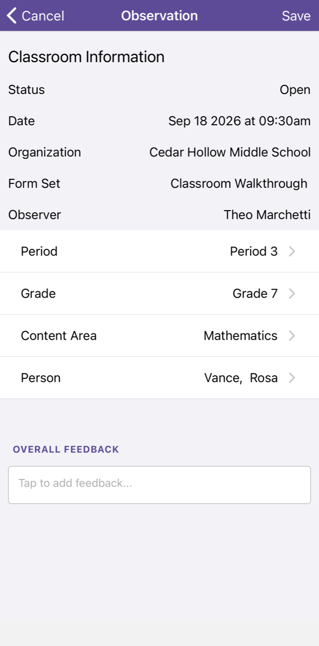 The reopened observation, now in edit mode with the status Open and Cancel and Save in the header.