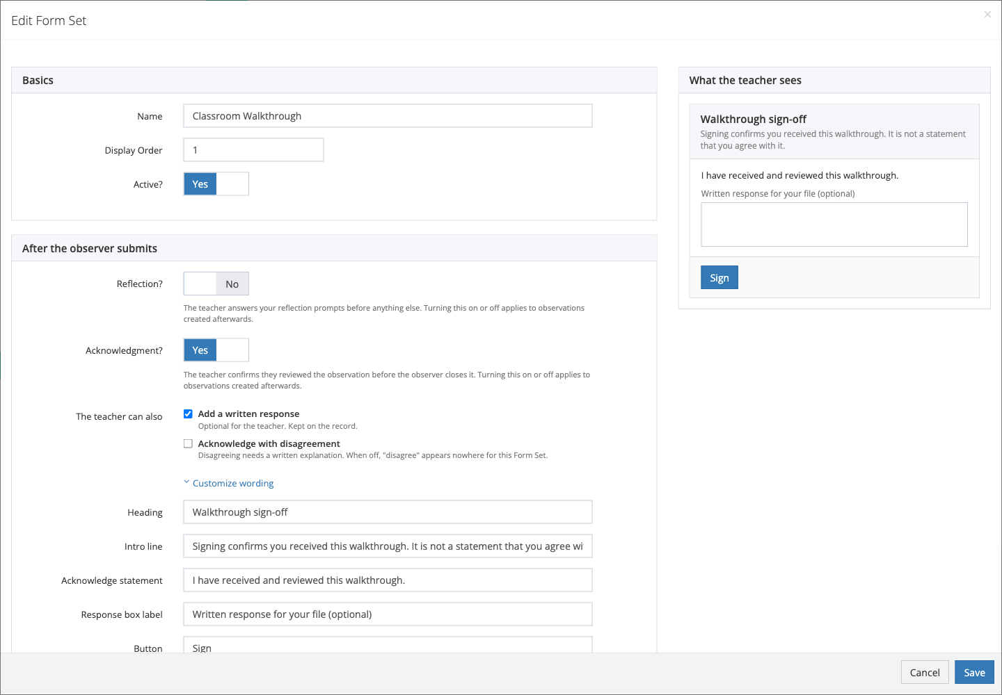 The Edit Form Set window, full screen: Basics, After the observer submits, and Emails on the left, What the teacher sees on the right, and Cancel and Save at the bottom